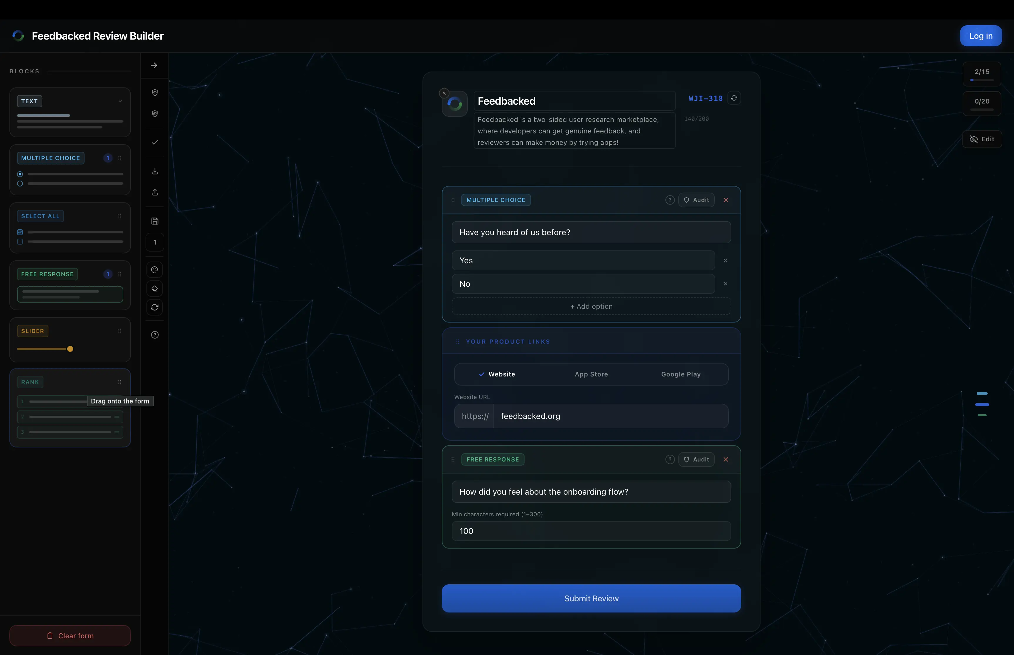 Feedbacked survey builder desktop view